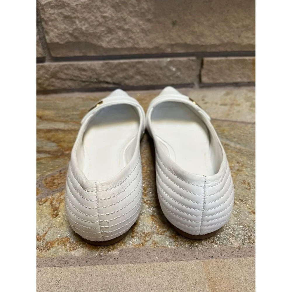 Tory Burch pointed-toe Stiched Gold Tone Logo flats white leather size 8